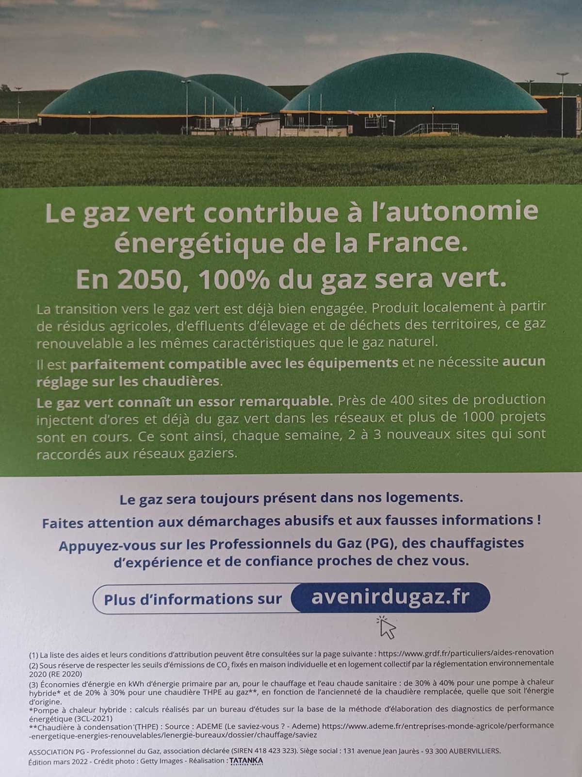 Affiche : Le gaz vert contribue à l'autonomie énergétique de la France. En 2050, 100% du gaz sera vert.